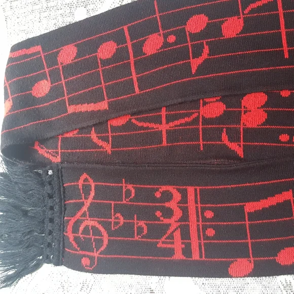 Vintage 1980's Black and Red Musical Notes Acrylic Scarf